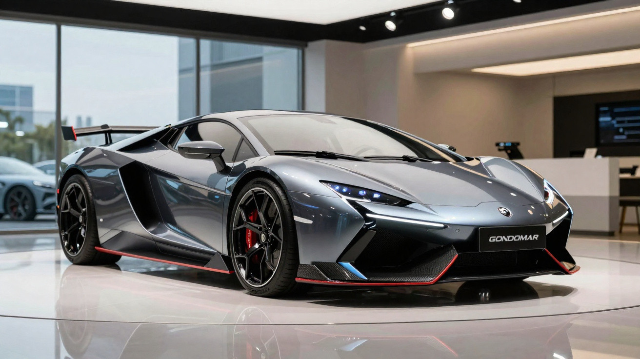 Carro desportivo cinza metálico com detalhes vermelhos em exposição numa sala moderna.