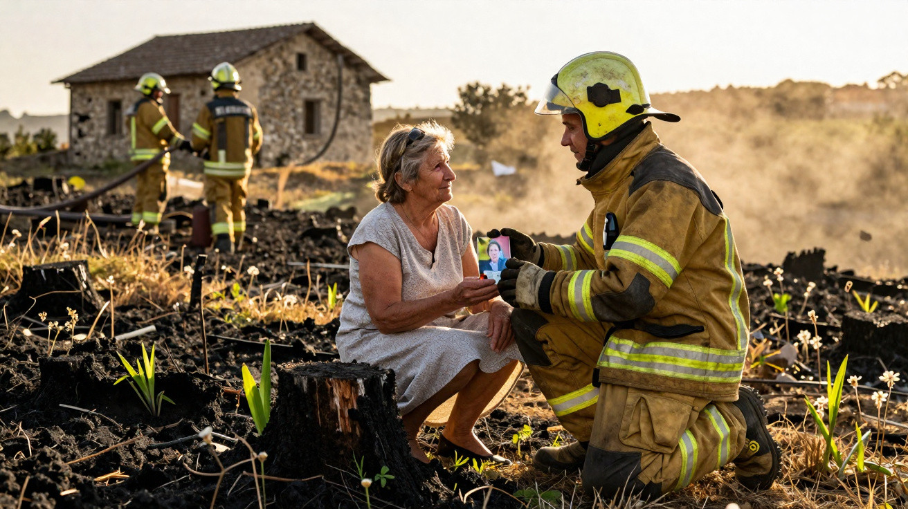 Bombeiro entrega foto a senhora sentada em terreno queimado, com dois bombeiros e casa ao fundo.