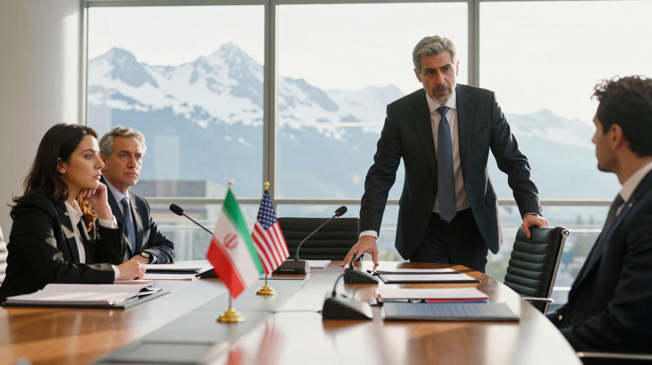Reunião formal com quatro pessoas em torno de mesa de conferência, bandeiras dos EUA e Irão, vista de montanhas nevadas.
