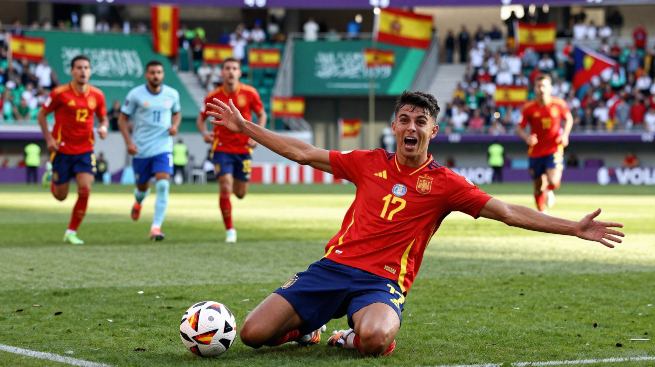 Jogador de futebol espanhol desliza no relvado festejando golo durante jogo com público e bandeiras de Espanha no estádio.
