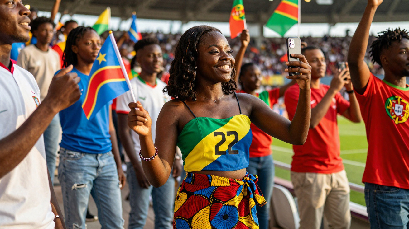 Jovens animados com bandeiras de vários países, incluindo Portugal, numa bancada de estádio desportivo.