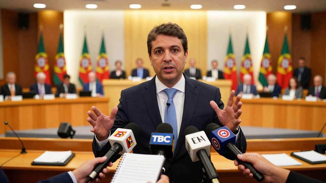 Homem de fato azul fala para vários microfones em sala oficial com bandeiras de Portugal ao fundo.