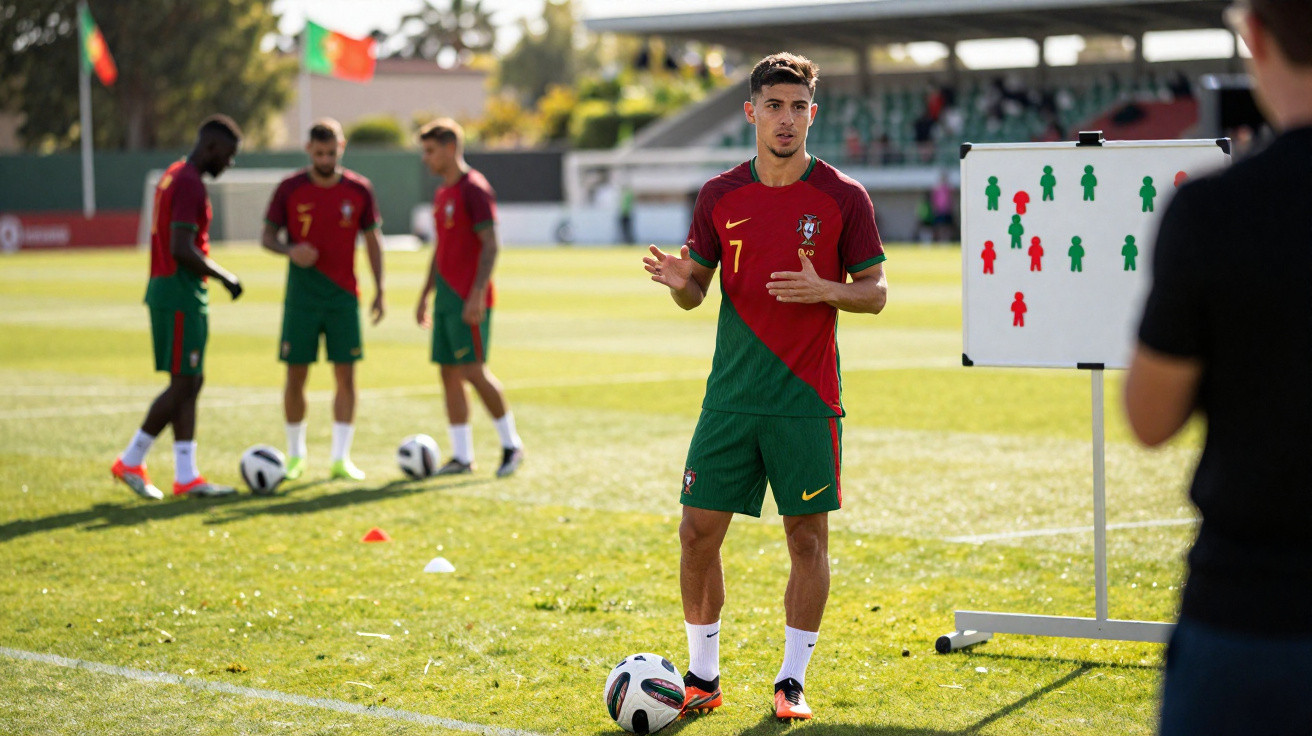 Jogadores de futebol de Portugal em treino, com tática explicada num quadro de jogadores.