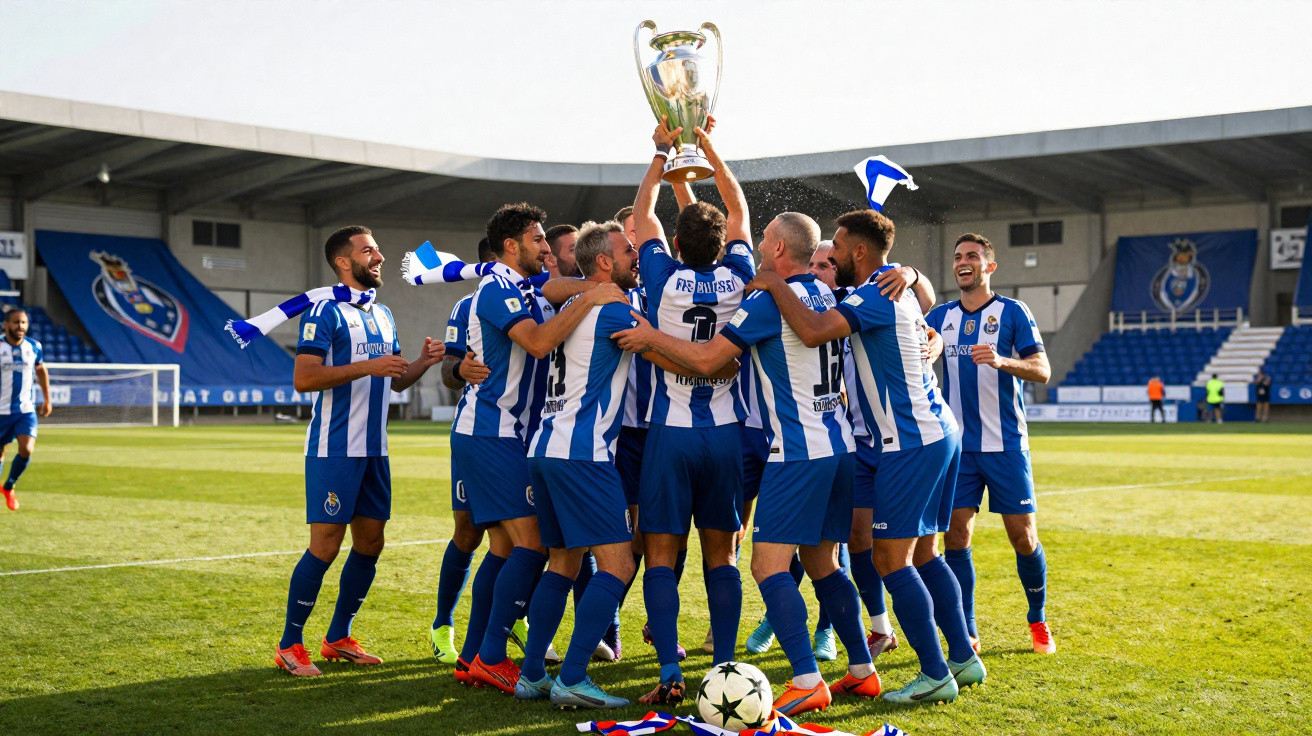 Jogadores de futebol do FC Porto a celebrar com um troféu num campo, vestidos de azul e branco.