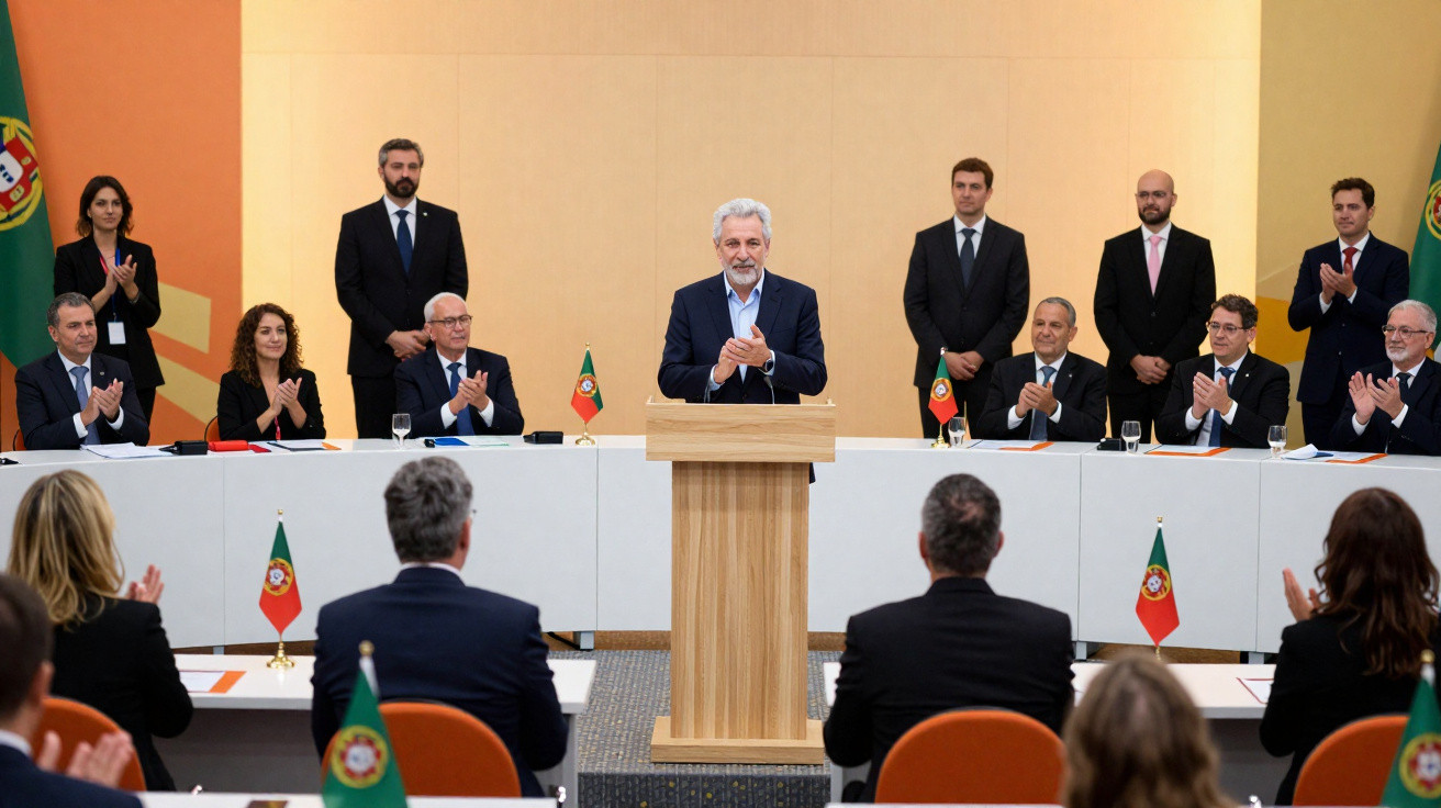 Homem a discursar num púlpito com várias pessoas sentadas e a aplaudir, bandeiras de Portugal visíveis.