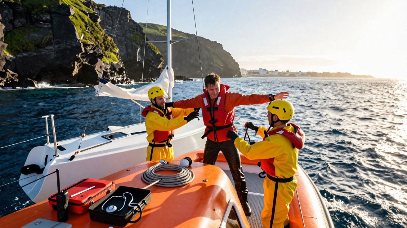 Três homens com coletes salva-vidas num barco de resgate junto a costa rochosa ao pôr-do-sol.