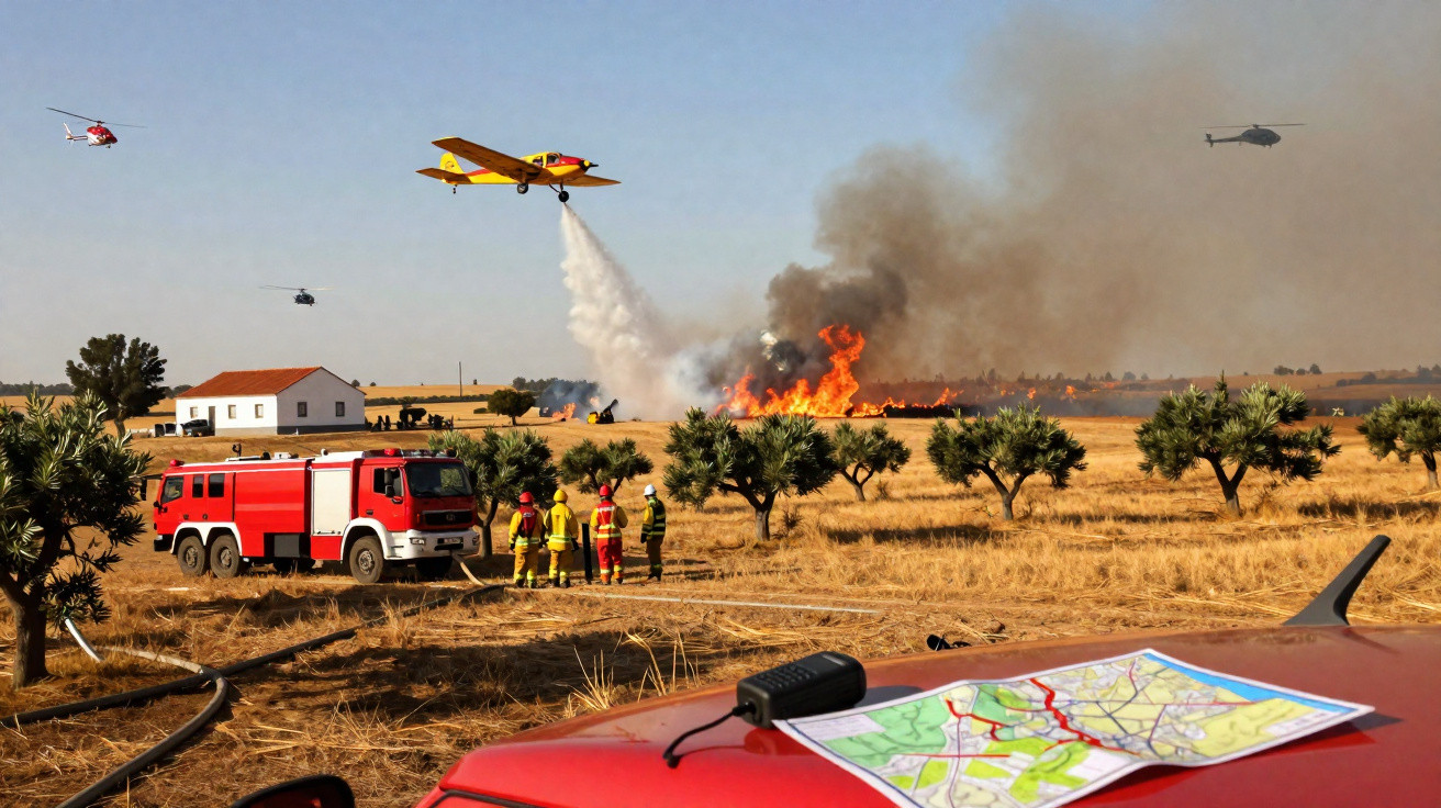 Bombeiros combatem fogo florestal com aviões e helicópteros numa área rural com árvores e campo seco.