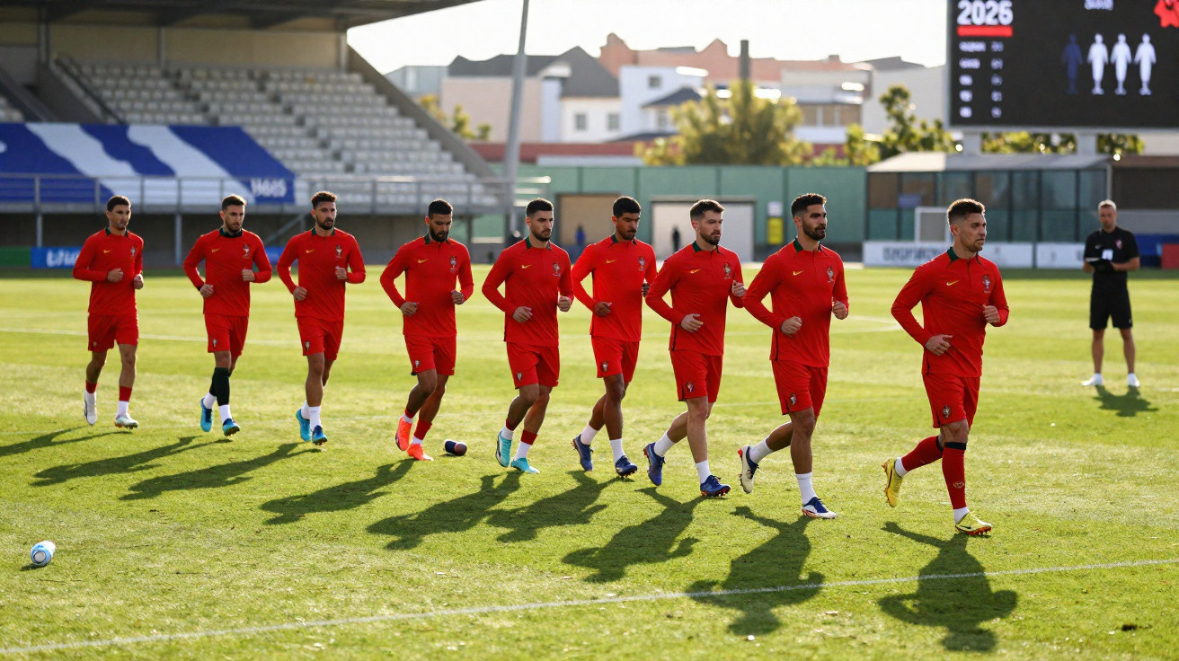 Jogadores de futebol em treino, em linha correndo no relvado de estádio com equipamentos vermelhos.