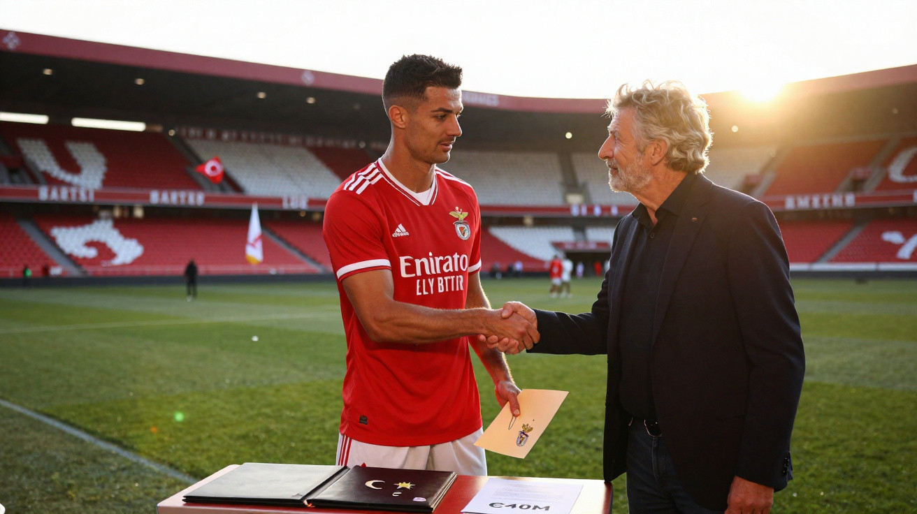 Jogador de futebol do Benfica e dirigente apertam as mãos em cerimónia no estádio da Luz ao pôr do sol.