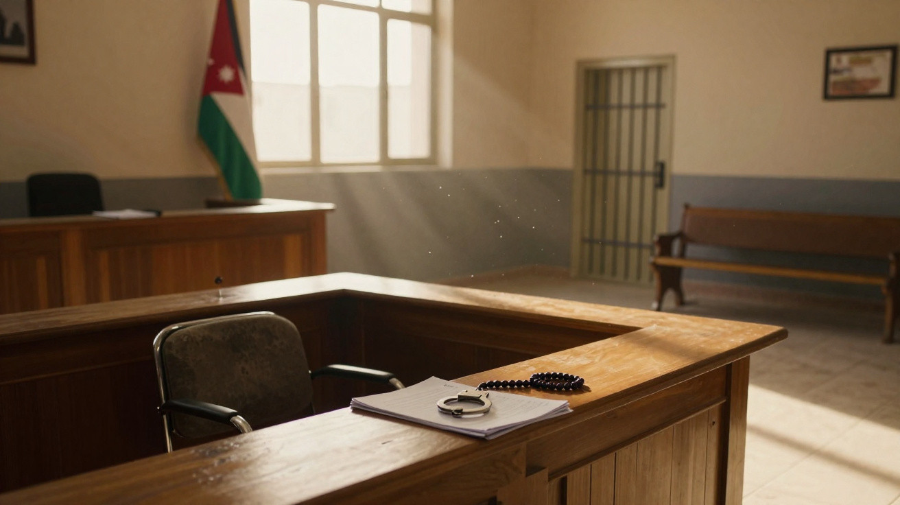 Sala de tribunal vazia com janela, corrente, algemas e caderno sobre bancada de madeira.