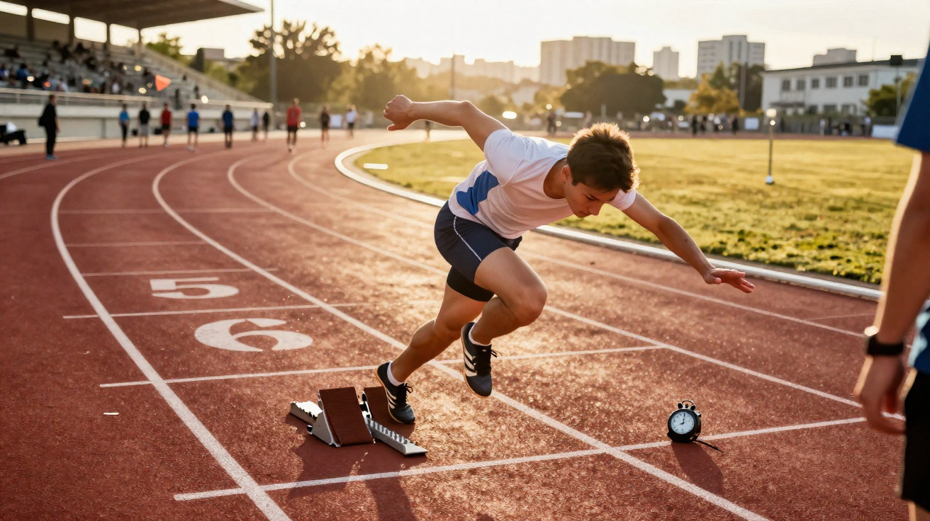 Atleta jovem a começar uma corrida numa pista de atletismo ao pôr do sol.
