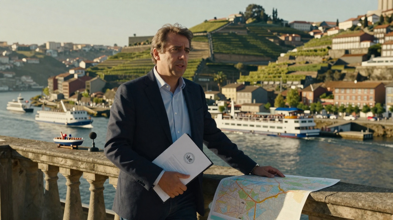 Homem de fato azul com mapa na mão junto a rio e barcos, com vinhas e casas ao fundo.