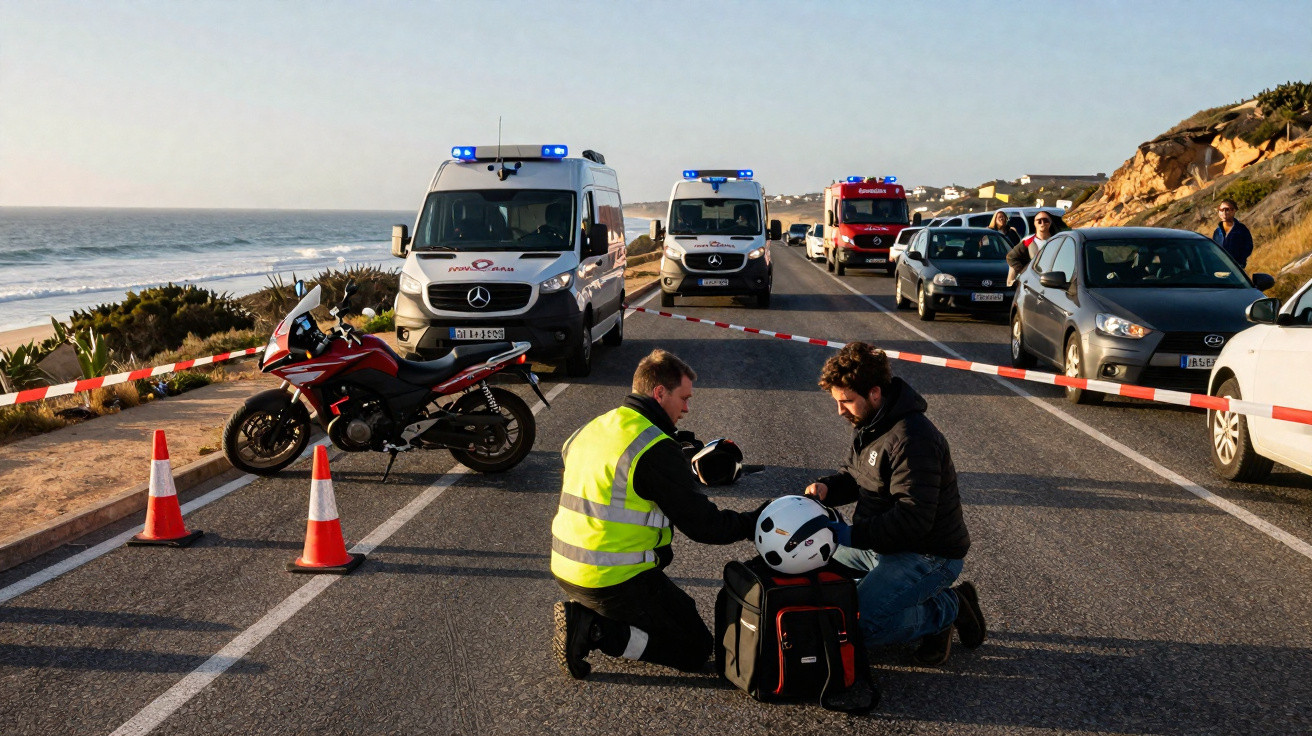 Acidente bloqueia estrada junto ao mar com ambulâncias, motociclo e pessoas a ajudar no local.