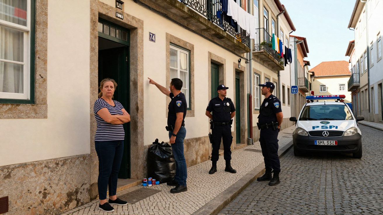 Agentes da PSP falam com mulher junto a casa numa rua estreita de calçada portuguesa com viatura policial estacionada.