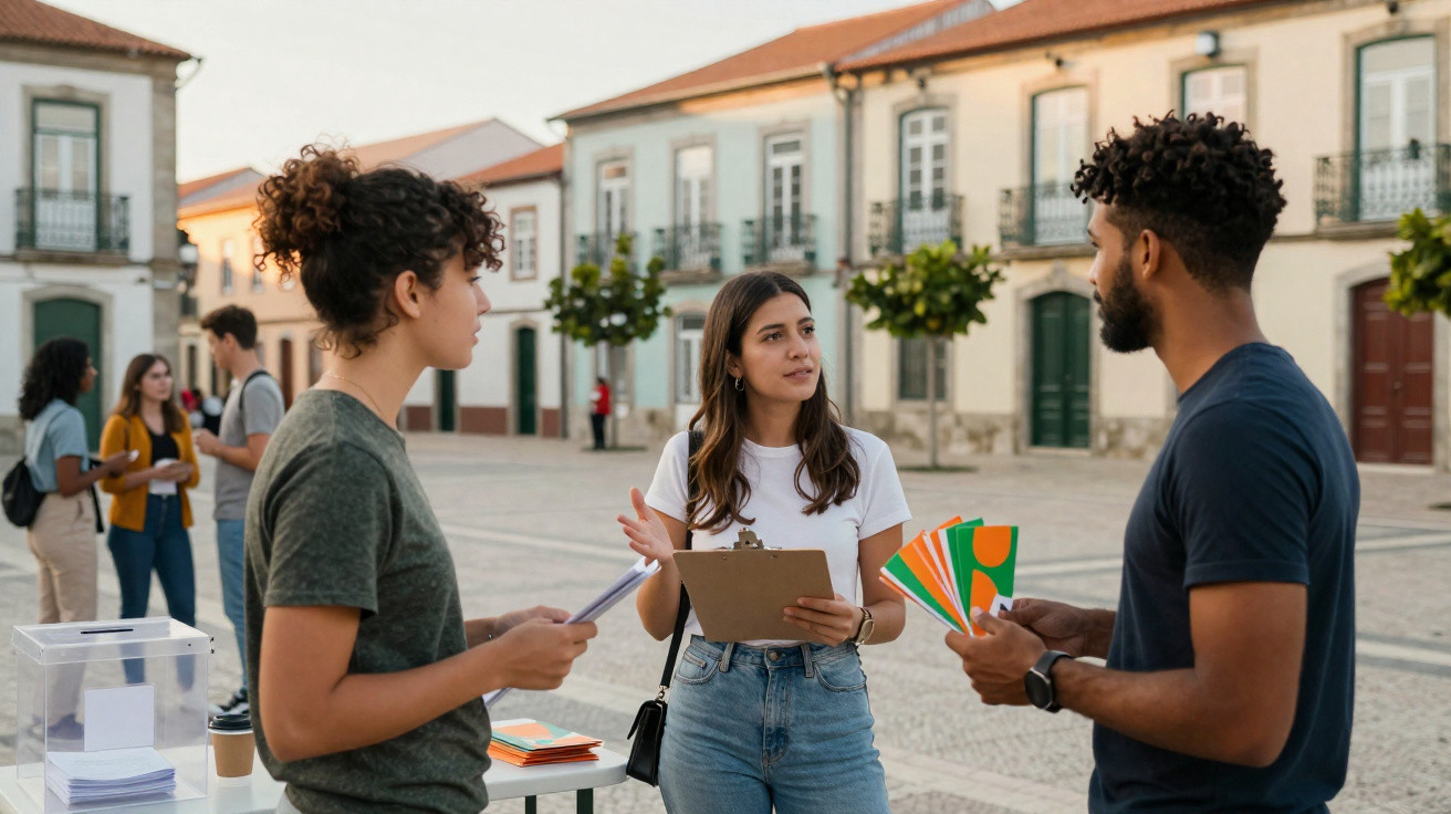 Jovens a conversar numa praça urbana, com materiais de votação e folhas coloridas nas mãos.