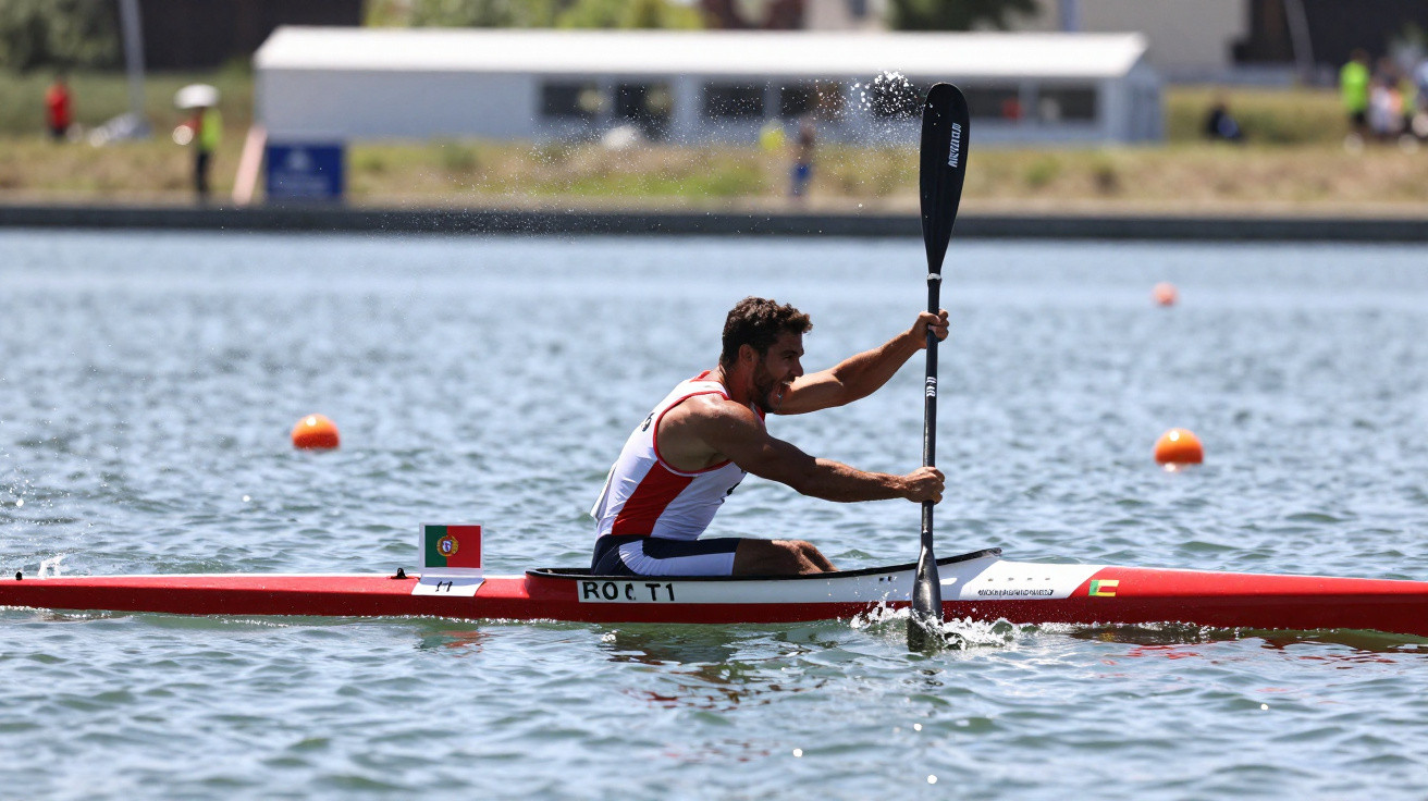Atleta português a remar em canoa individual numa competição de águas calmas.
