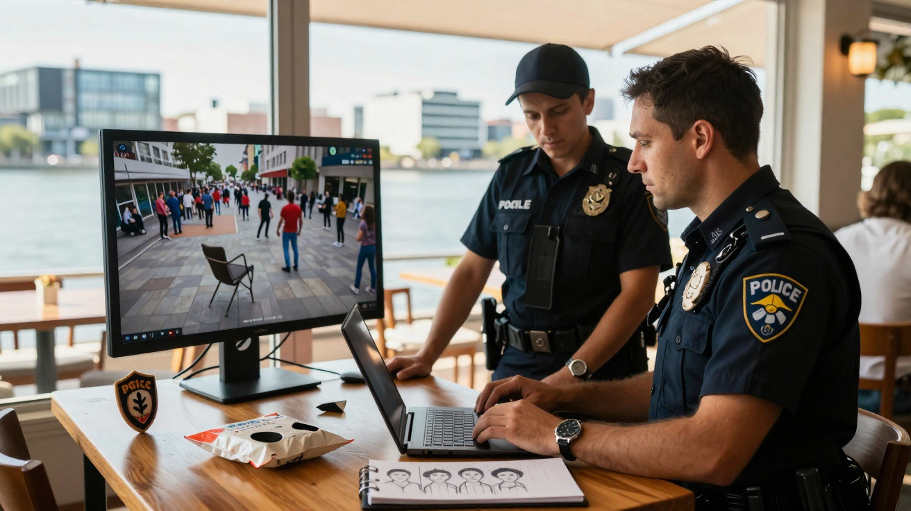 Dois polícias em uniforme analisam imagens de monitorização num computador portátil num ambiente interior junto a janelas gra