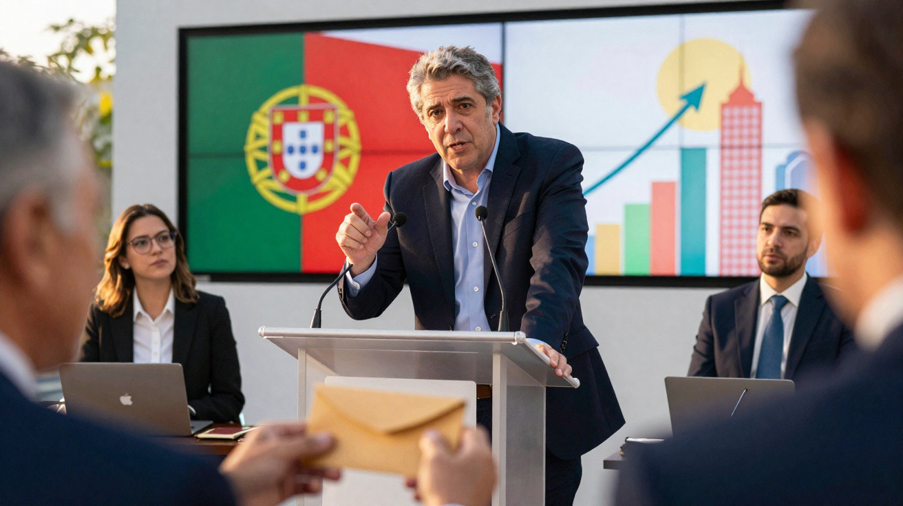 Homem em apresentação política com bandeira de Portugal e gráfico de crescimento ao fundo.