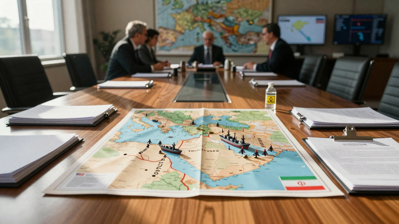 Mapa militar com navios e mísseis sobre mesa de reunião onde quatro homens discutem estratégia.