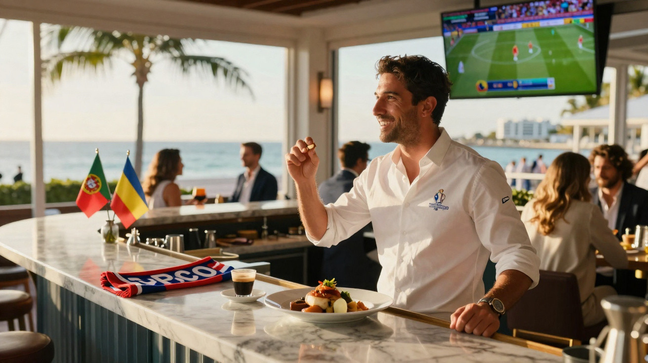 Homem sorridente a comer num bar à beira-mar com televisão a mostrar jogo de futebol ao fundo.