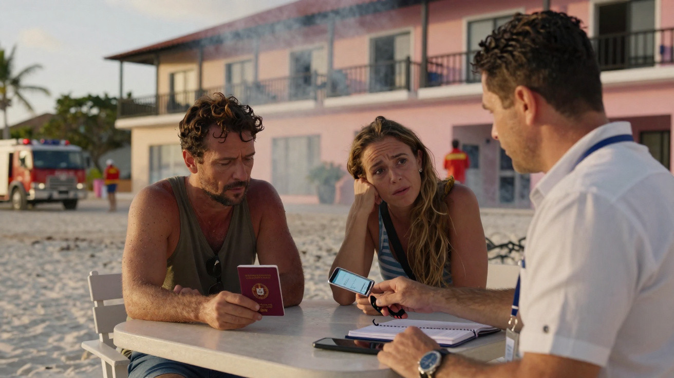 Três pessoas sentadas à mesa na praia, homem com passaporte e mulher com telemóvel numa conversa séria.