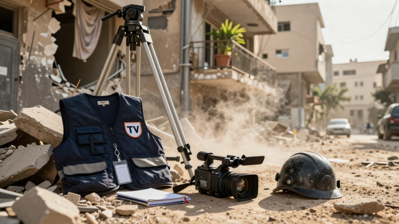 Equipamento de jornalista: colete, câmara, tripé e capacete num cenário urbano destruído e poeirento.