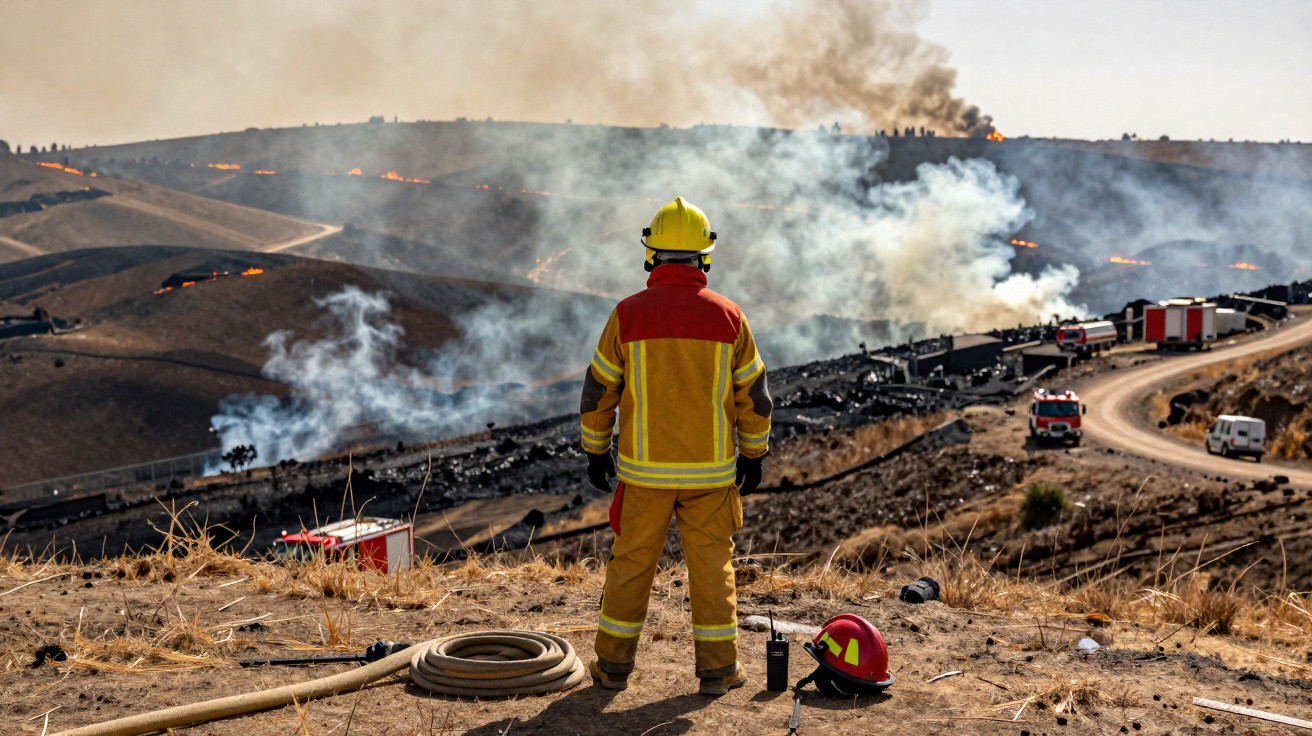 Bombeiro de costas observa incêndio florestal num terreno seco com fumo e veículos de emergência ao fundo.