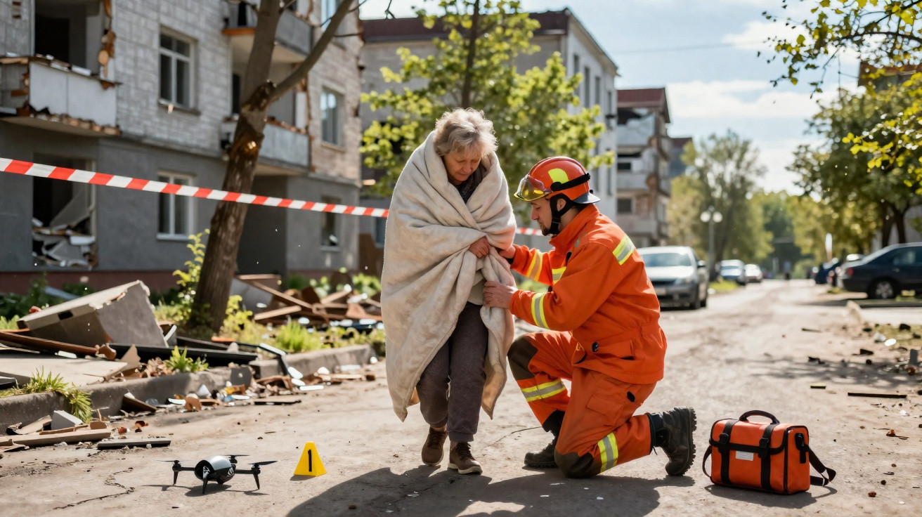 Bombeiro ajuda mulher vestida com manta após destruição em rua de zona residencial.