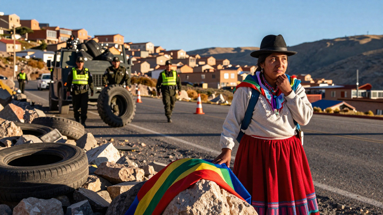 Mulher vestida com traje tradicional segura bandeira wiphala junto à estrada com polícia e veículo militar ao fundo.
