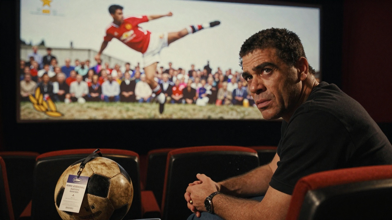 Homem sentado numa sala com cadeiras vermelhas, bola de futebol antiga e imagem de jogador a chutar na parede.