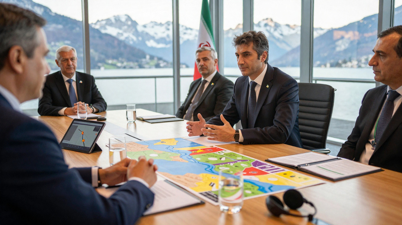 Quatro homens de terno discutem um mapa colorido numa sala com vista para montanhas e um lago.
