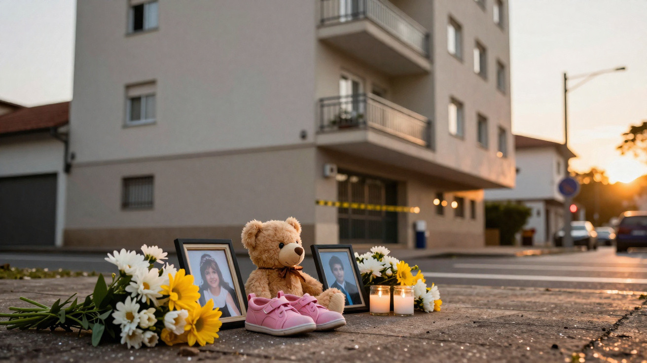 Memorial com flores, velas, ursinho e fotos de duas crianças junto a um prédio ao pôr do sol.