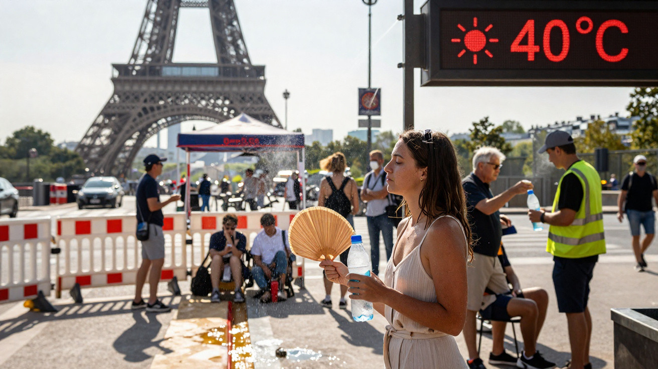 Mulher refresca-se com leque e água junto à Torre Eiffel, com sinal de 40ºC numa praça movimentada.