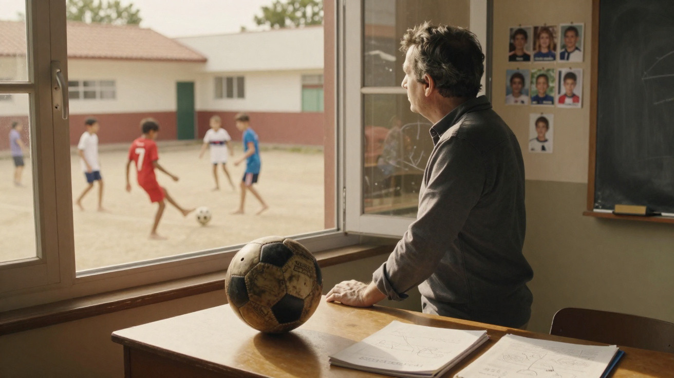 Homem observa crianças a jogar futebol num campo escolar visto através de uma janela aberta.