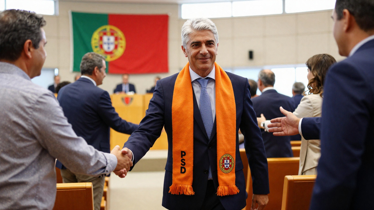 Homem de fato com cachecol laranja do PSD aperta mãos numa sala com bandeira de Portugal ao fundo.