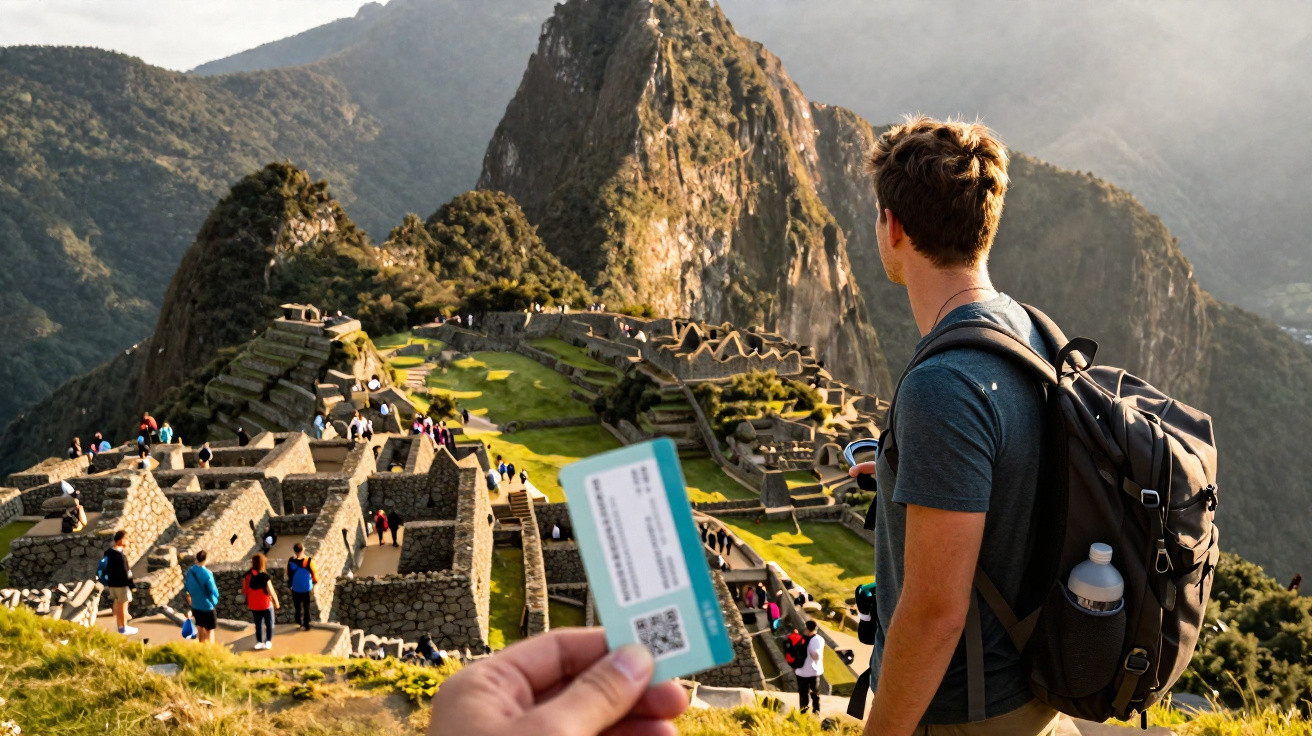 Turista observa Machu Picchu enquanto outra mão segura bilhete de entrada ao monumento histórico.