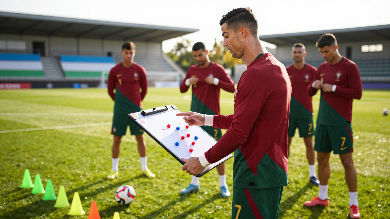 Jogadores de futebol da seleção portuguesa em treino, com um a explicar tática num campo ao ar livre.