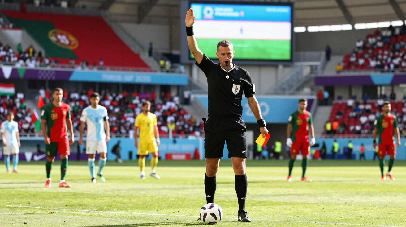 Árbitro de futebol a mostrar cartão amarelo durante jogo entre Portugal e Argentina num estádio cheio.