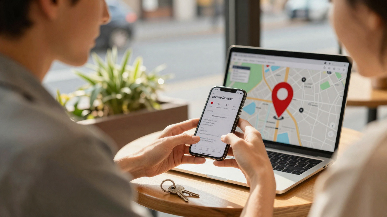 Duas pessoas a usar telemóvel e portátil com mapa e localização geográfica num café.
