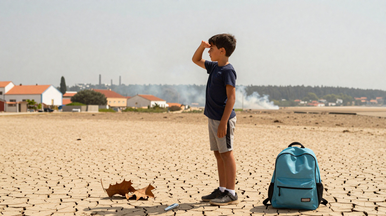 Criança de pé em solo seco e rachado com mochila azul ao lado, olhando para o horizonte.