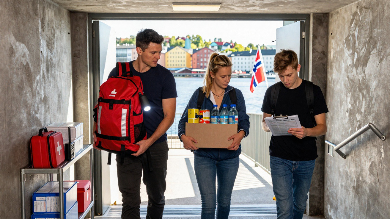 Três jovens a transportar mochila de primeiros socorros e mantimentos em corredor com bandeira norueguesa ao fundo.