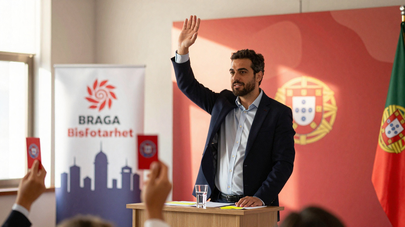 Homem de fato levanta a mão durante votação em sala com bandeira de Portugal e banner de Braga ao fundo.