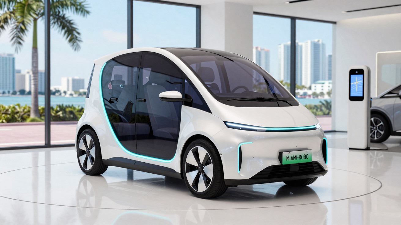 Carro elétrico compacto branco com luzes azuis em exposição numa galeria moderna com vista para a cidade.
