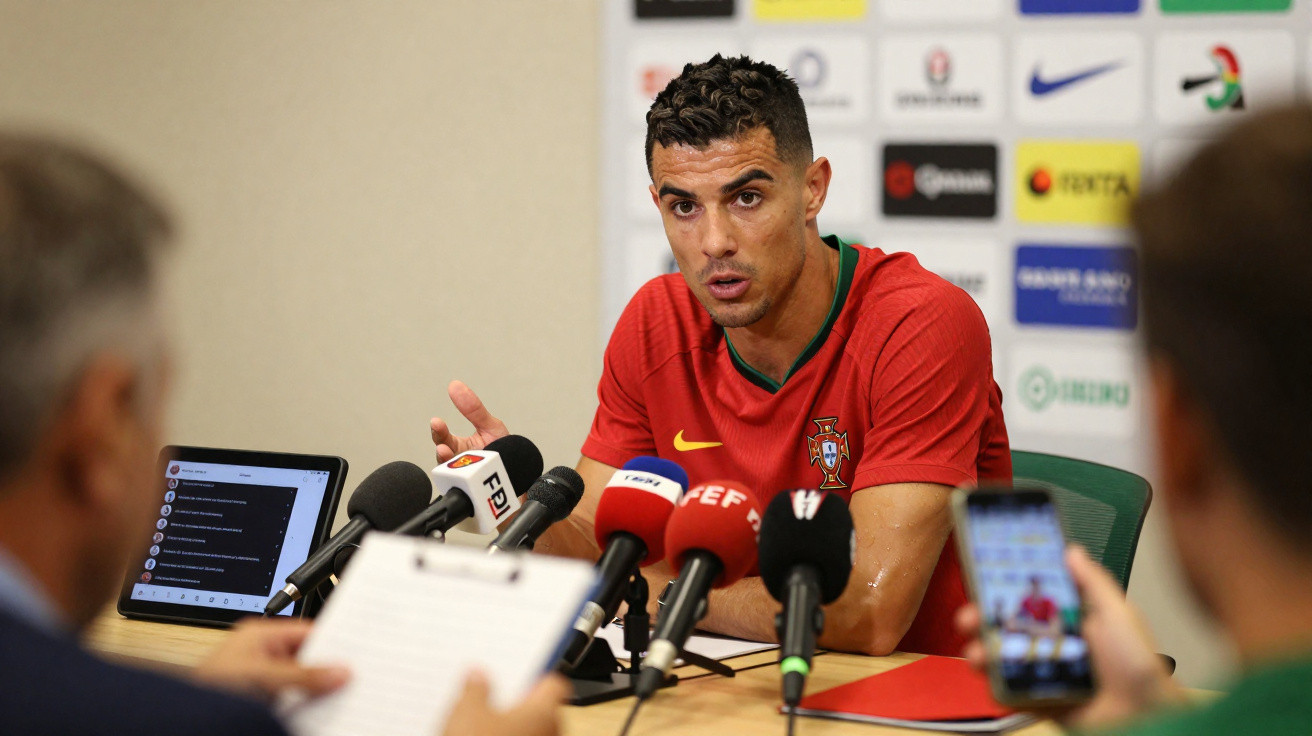 Jogador de futebol português em entrevista coletiva com vários microfones e jornalistas à frente.