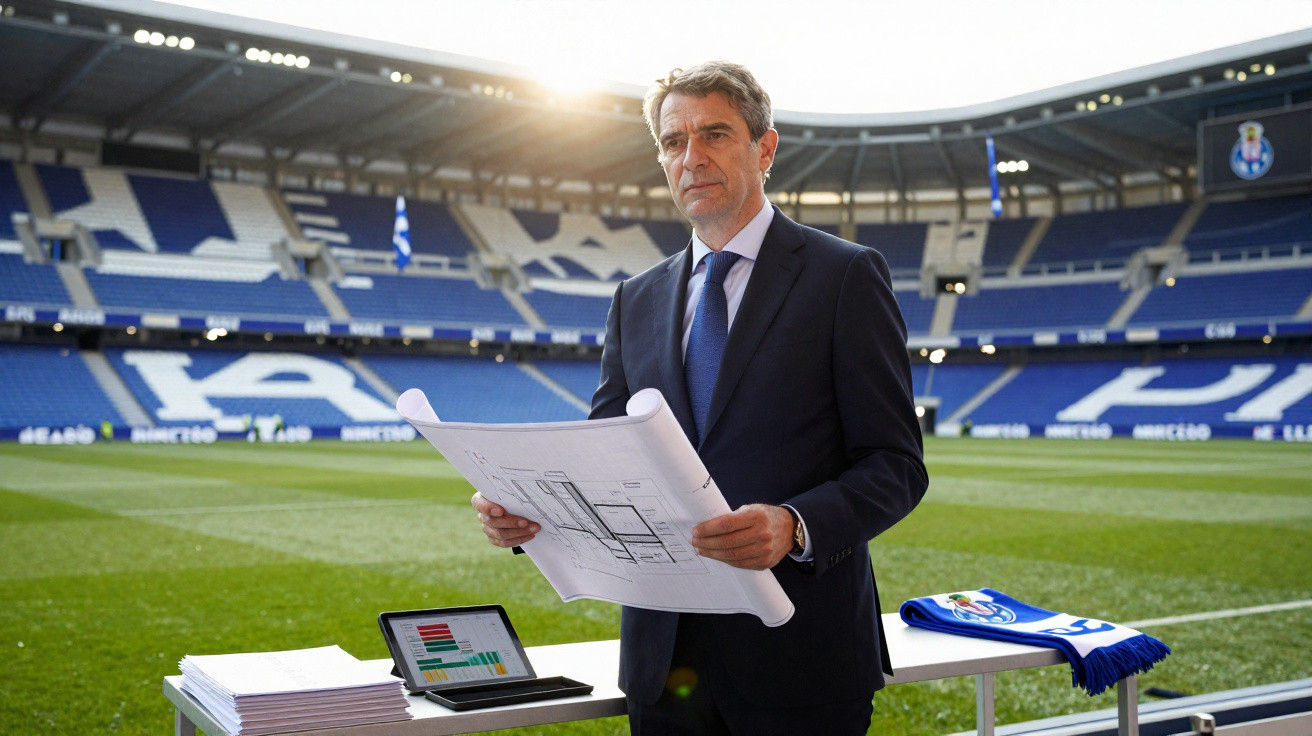 Homem de fato segurando plantas num estádio de futebol vazio com mesa, tablet e cachecol azul e branco.