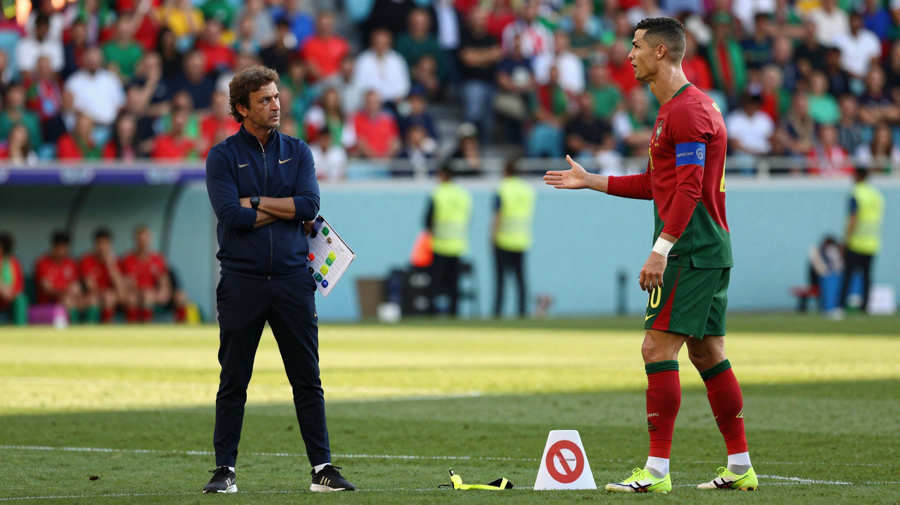 Jogador de futebol português a falar com treinador durante jogo, com público desfocado ao fundo no estádio.