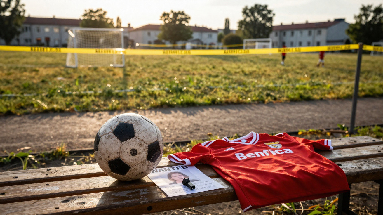 Bola de futebol, camisola do Benfica e documento "Wanted" numa bancada junto a campo de treino isolado.