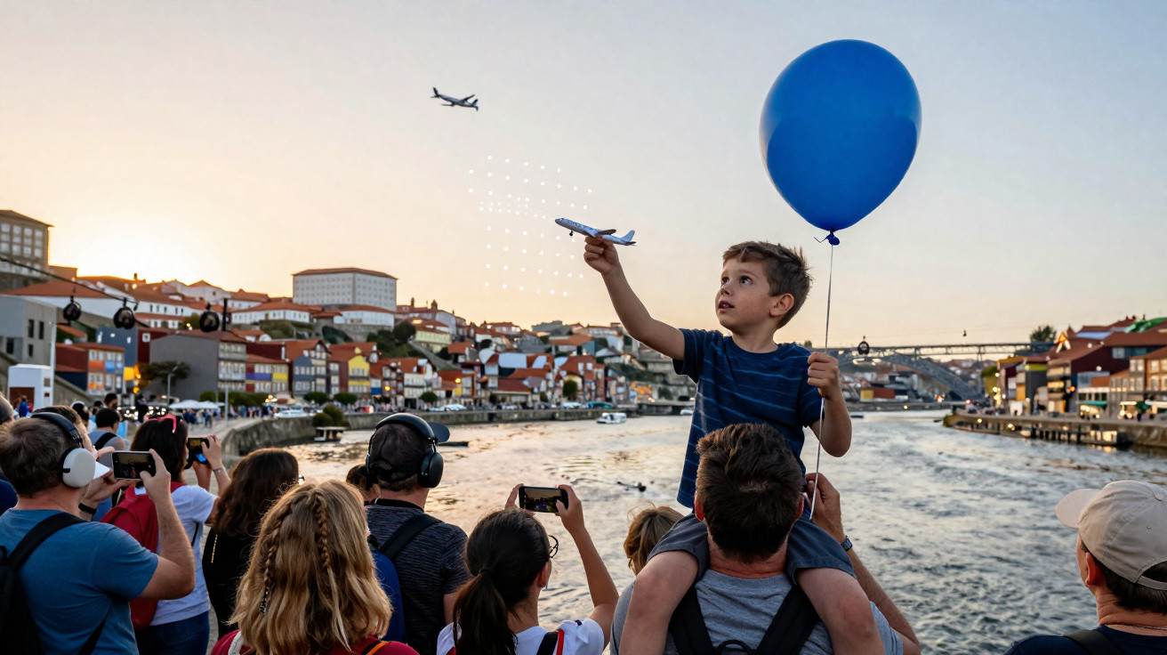 Criança com balão azul no colo de adulto observa avião sobre rio, enquanto multidão regista o momento.