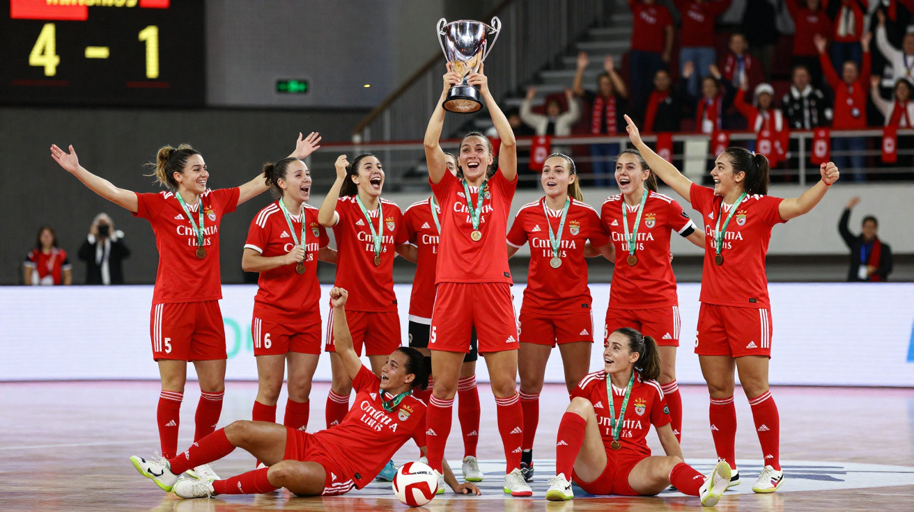 Jogadoras de futsal do Benfica celebram com troféu e medalhas num pavilhão com placar 4-1.