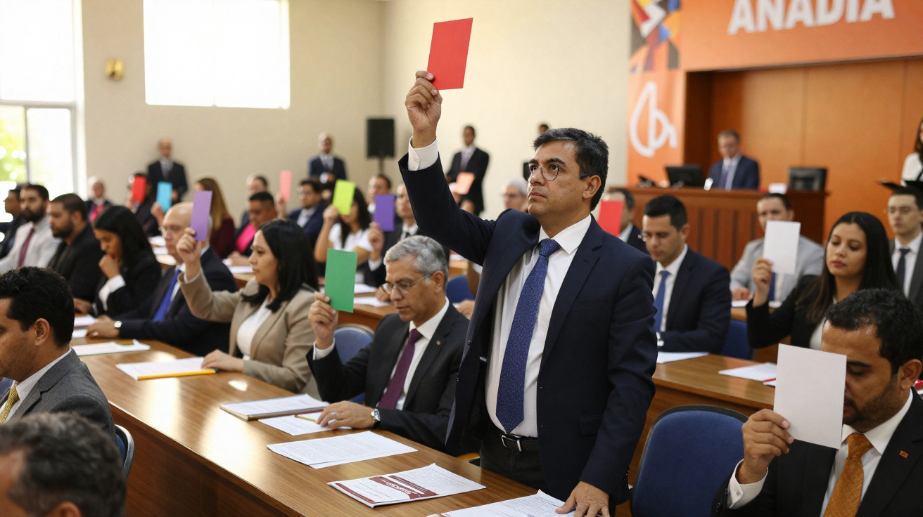 Pessoas numa reunião formal a levantar cartões coloridos para votar, dentro de uma sala de conferências.